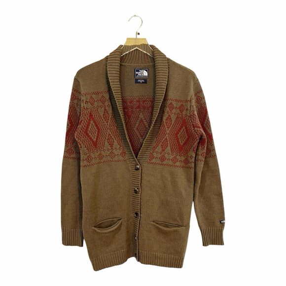 The North Face Jacquardigan Shawl Collar Cardigan Sweater M Brown Wool Blend - Picture 1 of 8